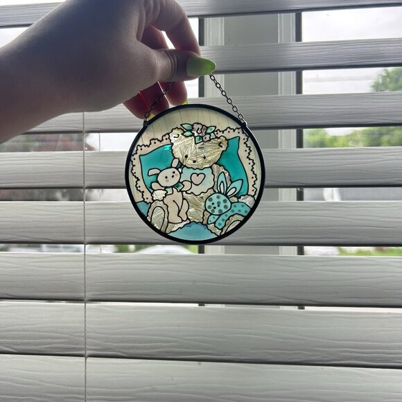 Joan Baker Designs Stained Glass Sun Catcher 3.5” Hand Painted Bear Bunnies Blue - Picture 4 of 6